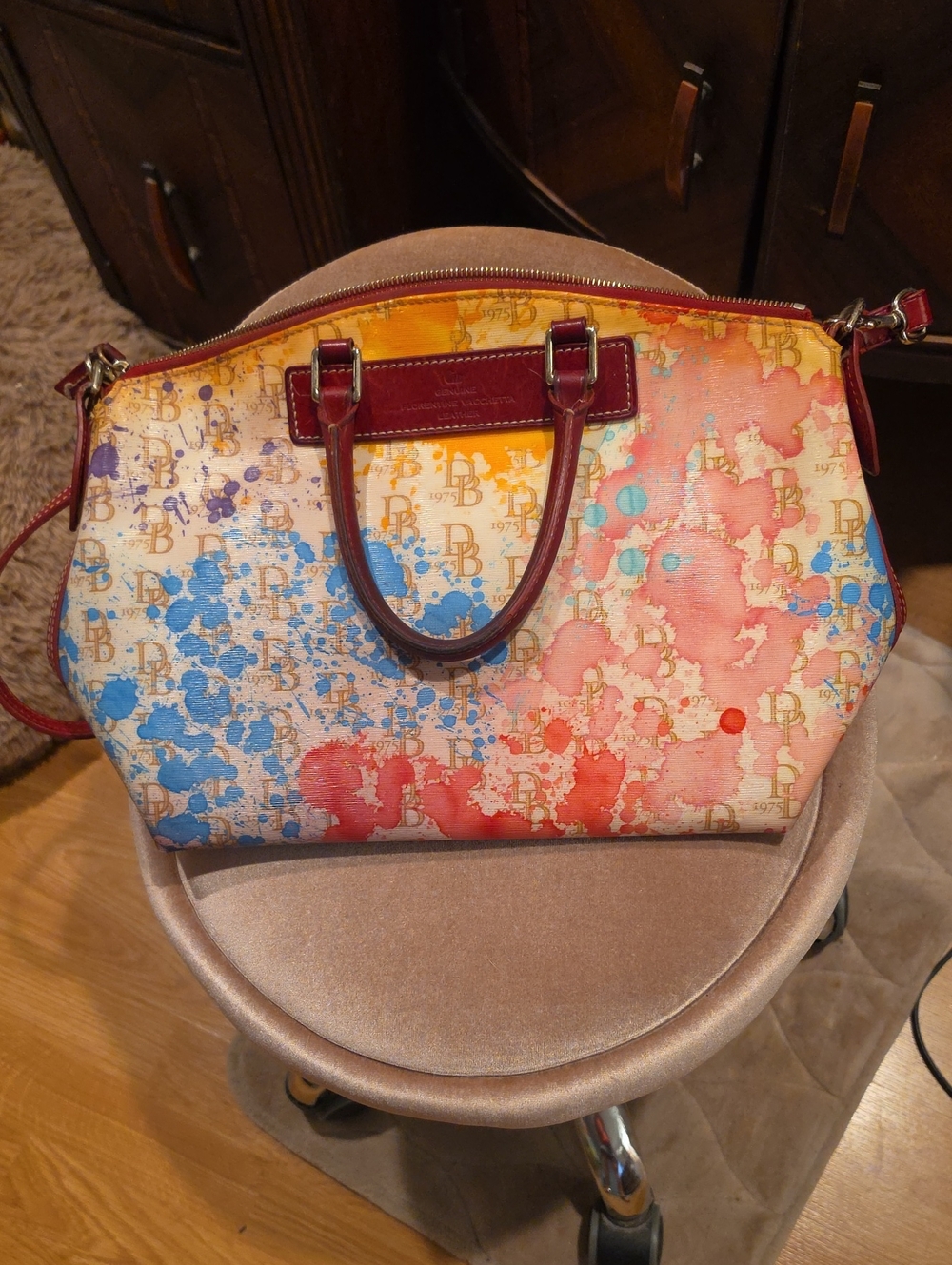 Dooney & Bourke Multicolor Watercolor Satchel with Burgundy Trim